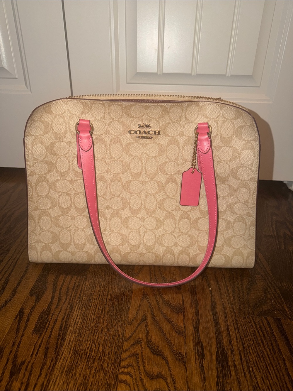 Coach Beige Signature Canvas Tote with Pink Trim